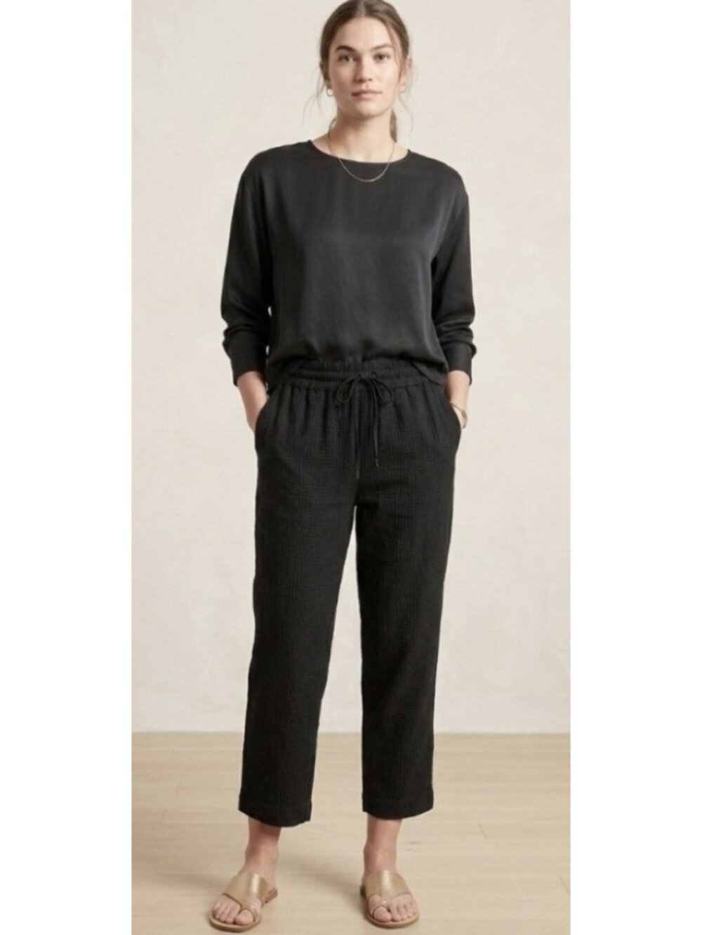 ATHLETA Retreat Linen High Rise Ankle Pant Black Large Travel Coastal Summer - Picture 1 of 12